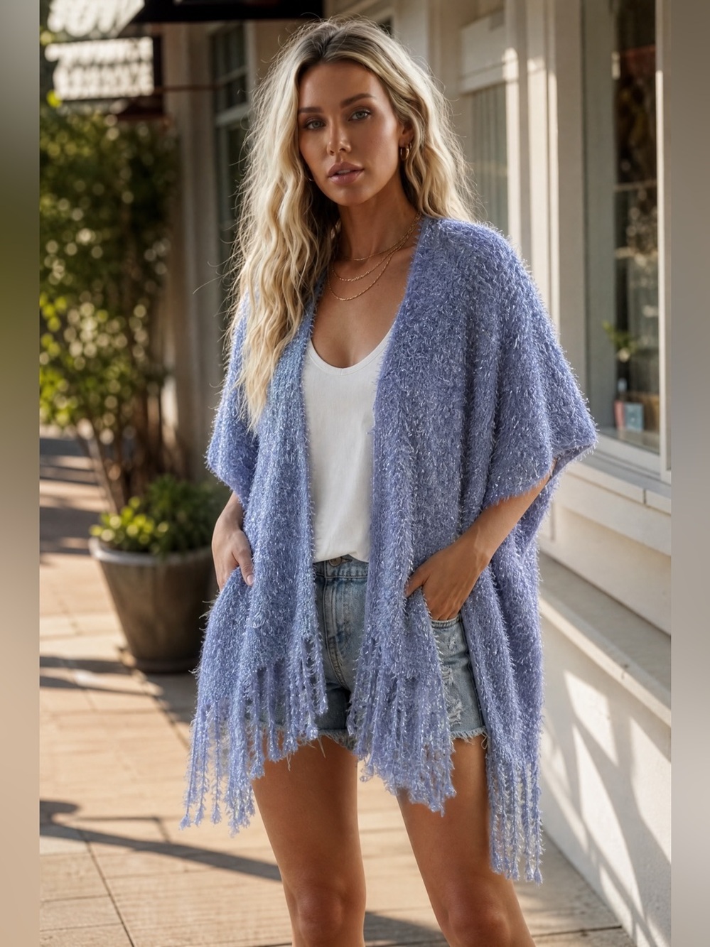 Vintage Sideffects California Lavender Eyelash Knit Fringe Poncho Cardigan OS